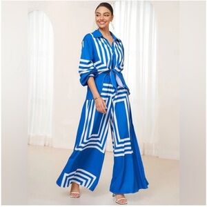 Commense Blue & White Geometric Wide-Leg Set